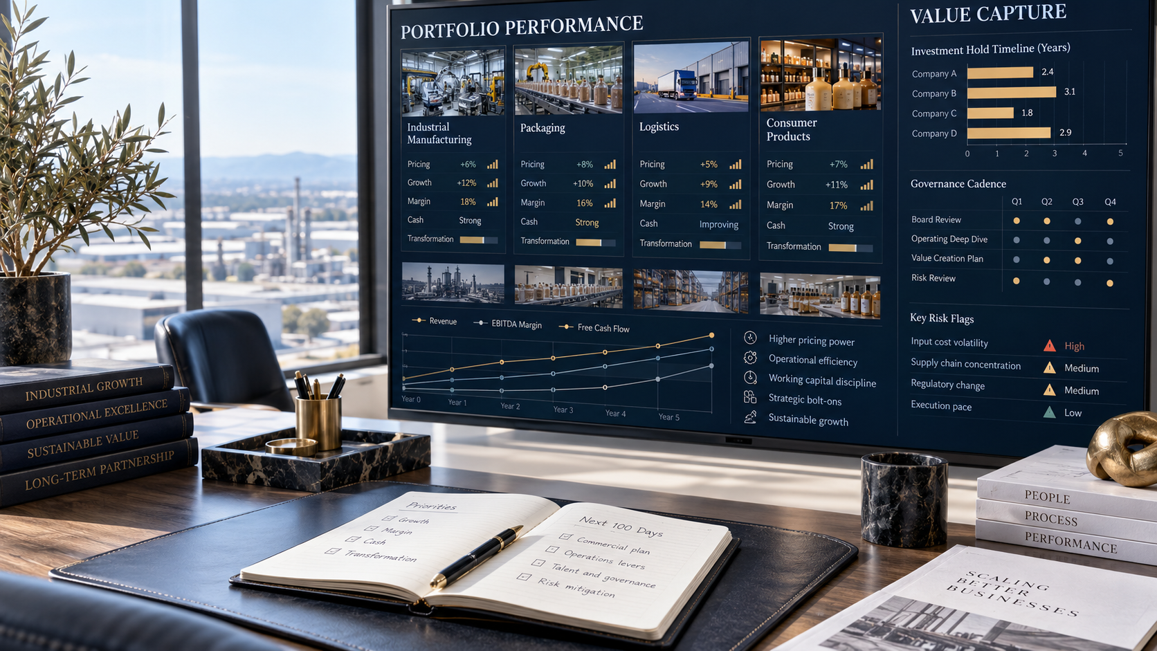 Portfolio performance dashboard tracking pricing, growth, margins, cash flow, transformation progress, governance and key business risks