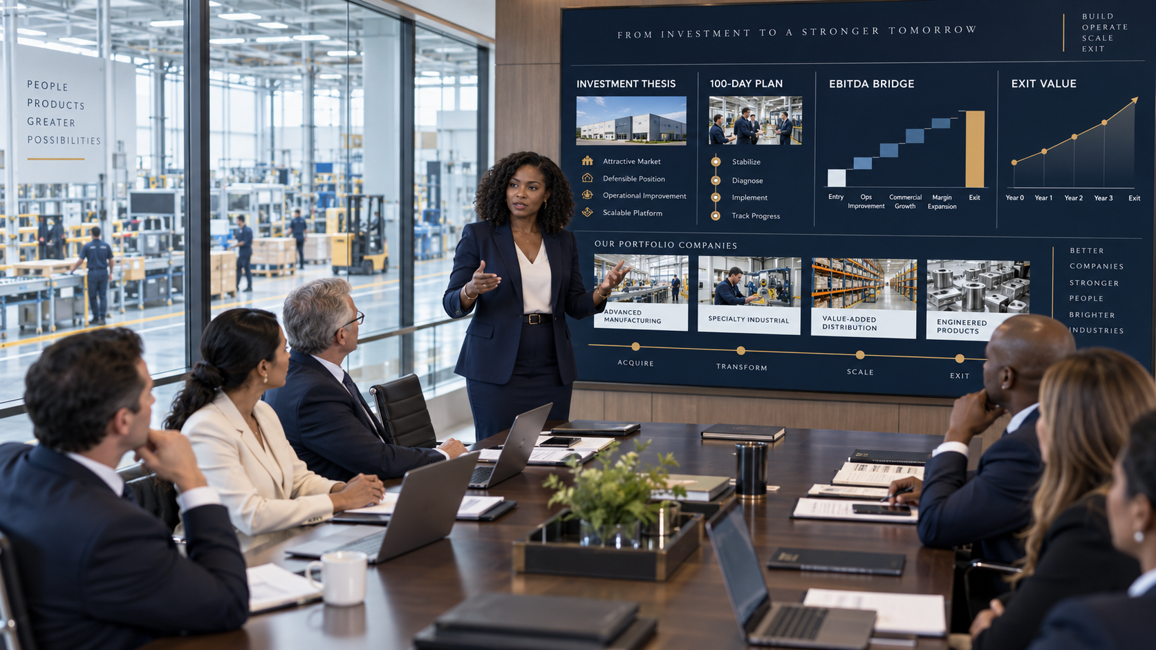 Executive presenting a private equity value creation strategy covering investment thesis, 100-day planning, EBITDA growth and portfolio company transformation