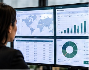 Professional reviewing global performance data and analytics dashboards