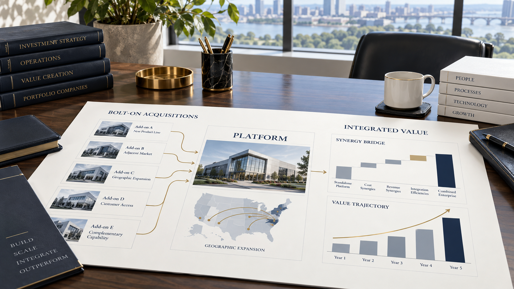 Platform acquisition strategy showing add-on growth, geographic expansion, synergies and value creation