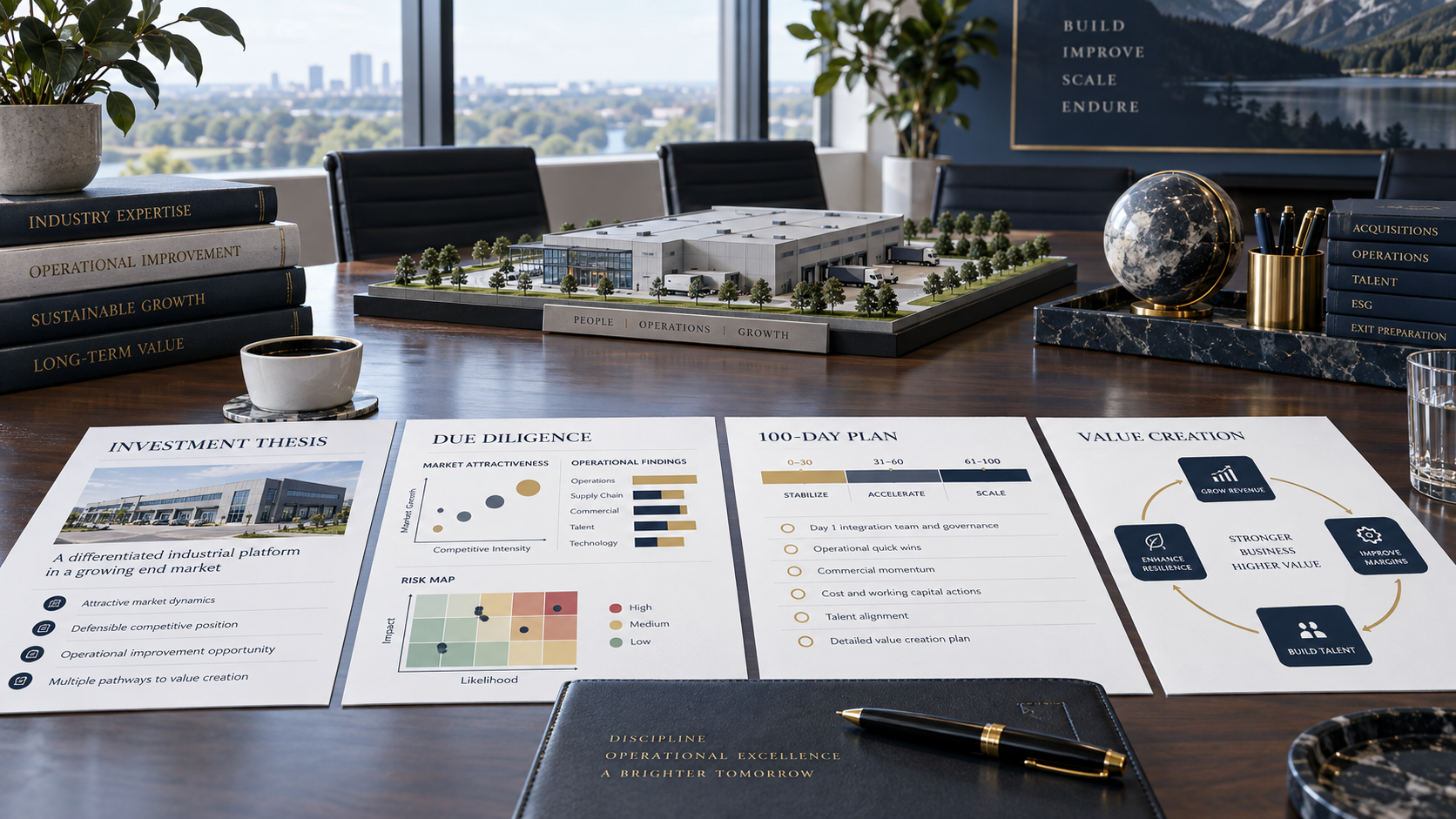 Value-creation planning workspace showing due diligence analysis, a 100-day plan and an operating model focused on people, operations and growth