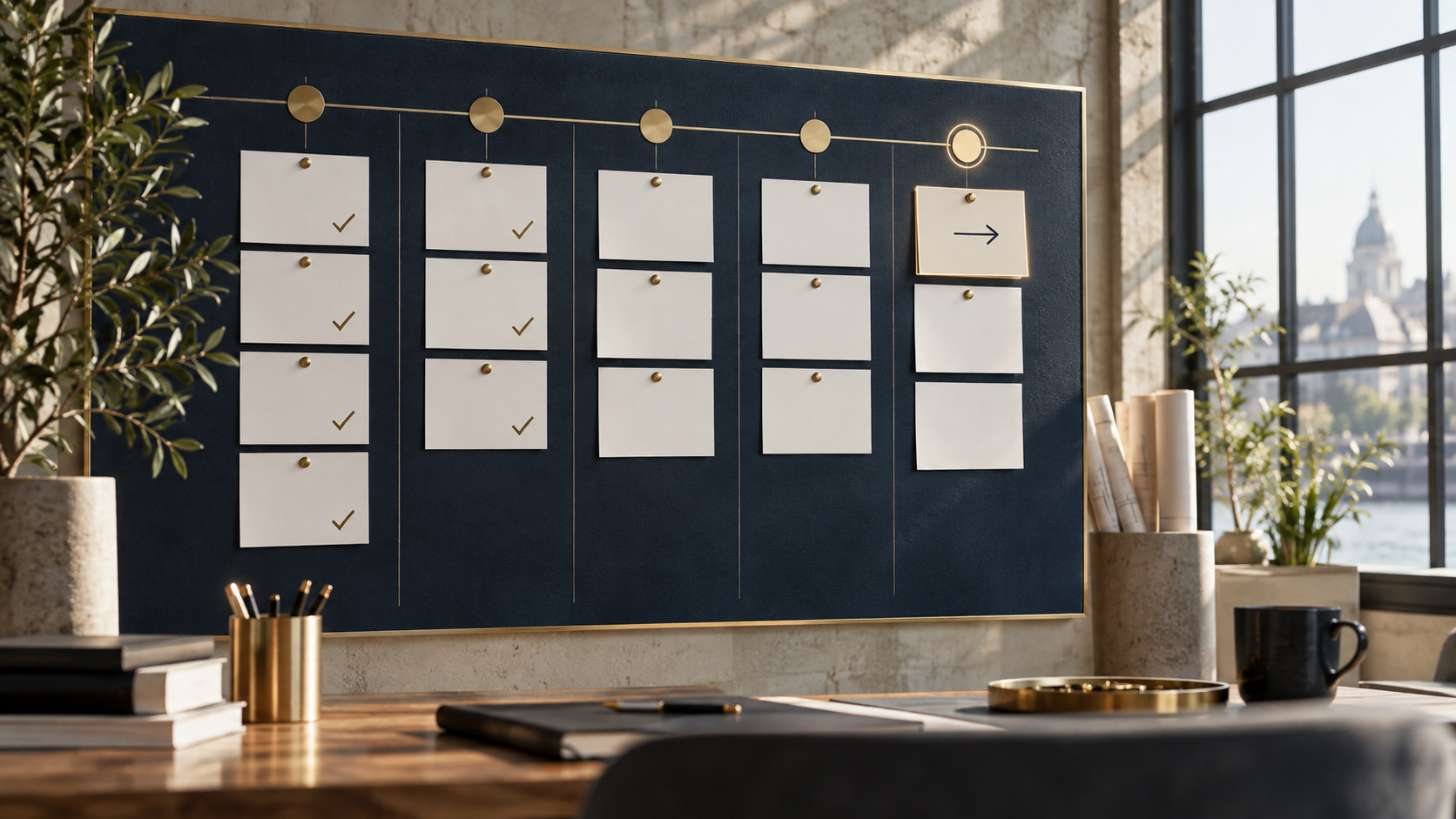 Workflow board illustrating structured execution, progress tracking and next actions