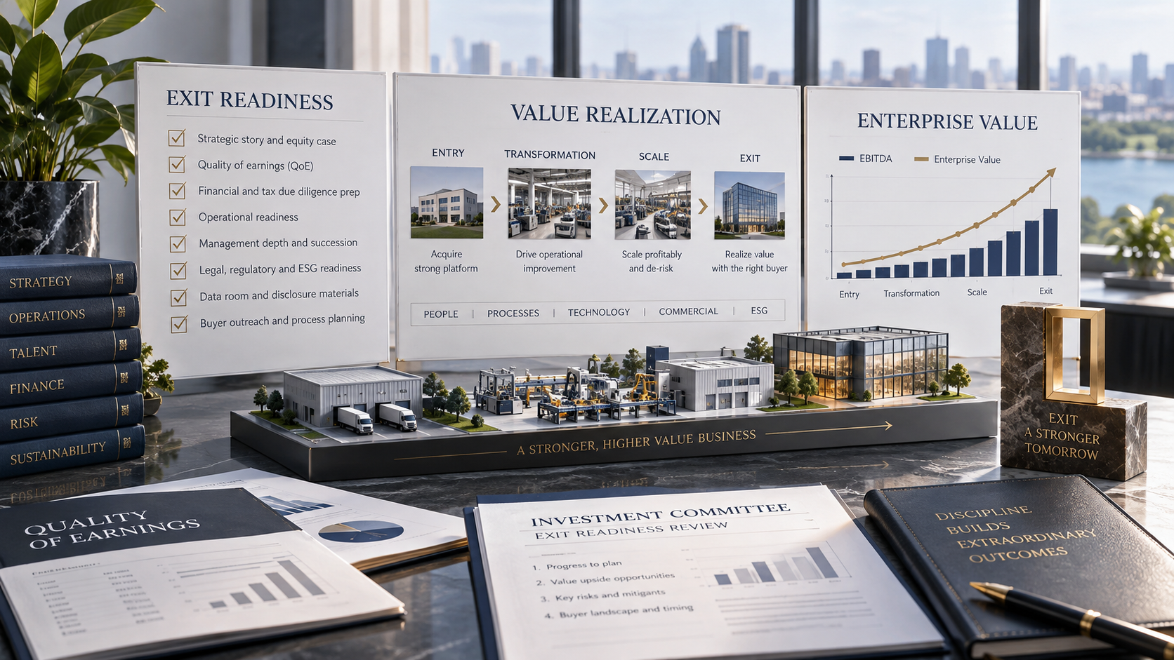 Private equity exit-readiness and value-realization plan showing business transformation, enterprise value growth and preparation for a successful exit.