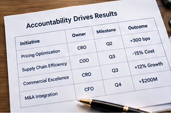 Accountability framework linking strategic initiatives, executive ownership, milestones and measurable outcomes