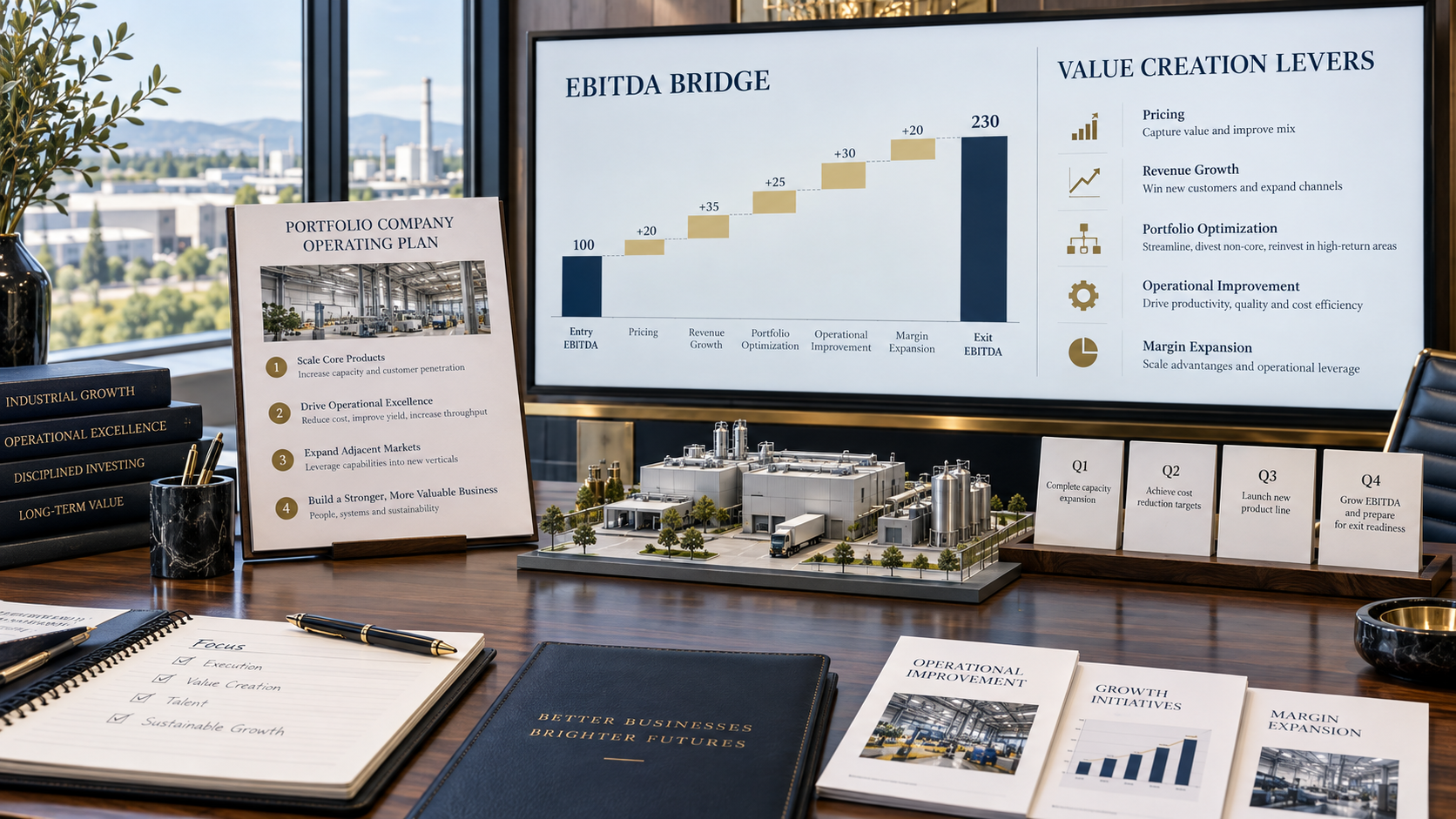 Private equity value creation plan showing EBITDA growth, portfolio optimization, operational improvement and margin expansion