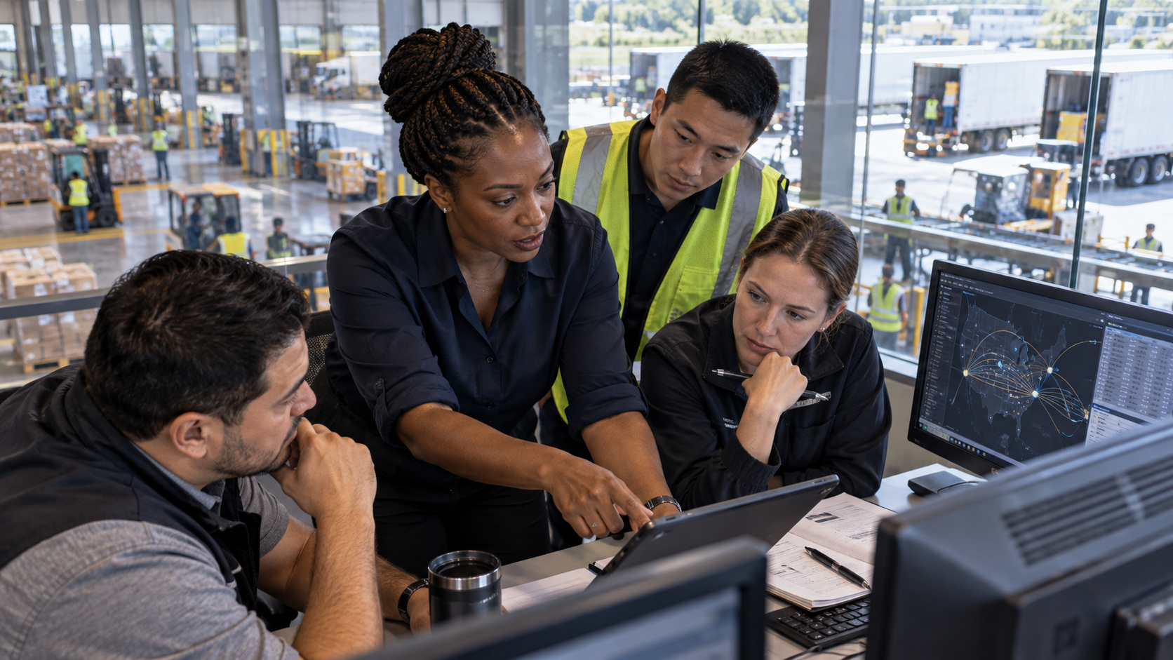 Operations team reviewing logistics data in an active distribution center
